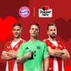 Trzech piłkarzy FC Bayern Monachium stoi na tle czerwonego tła z geometrycznymi kształtami serc. Od lewej do prawej: Harry Kane, Jamal Musiala i Manuel Neuer. Nad nimi znajdują się logo FC Bayern Monachium oraz logo Doppelherz, wskazujące na partnerstwo marki.