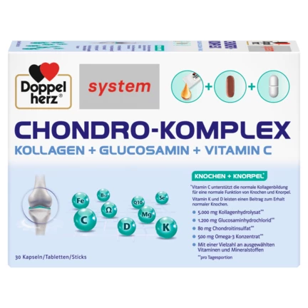 Doppelherz pure Chondro-Complex, kolagen + glukozamina + witamina C  Widok z przodu