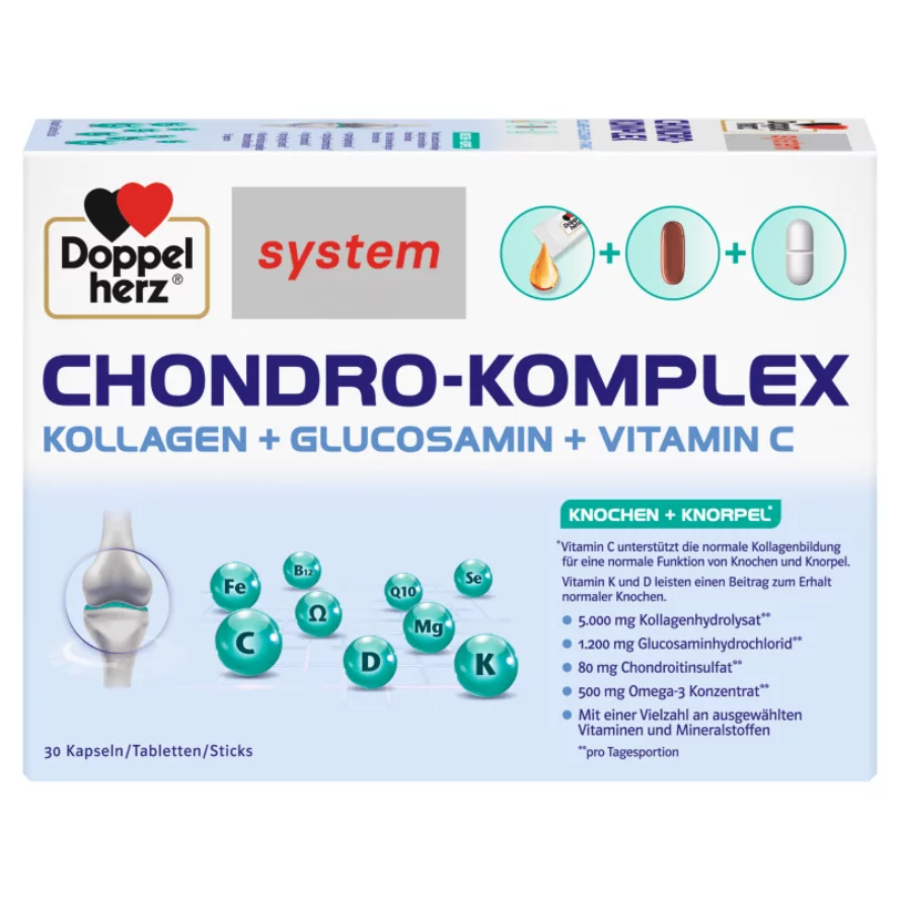 Doppelherz pure Chondro-Complex, kolagen + glukozamina + witamina C  Widok z przodu