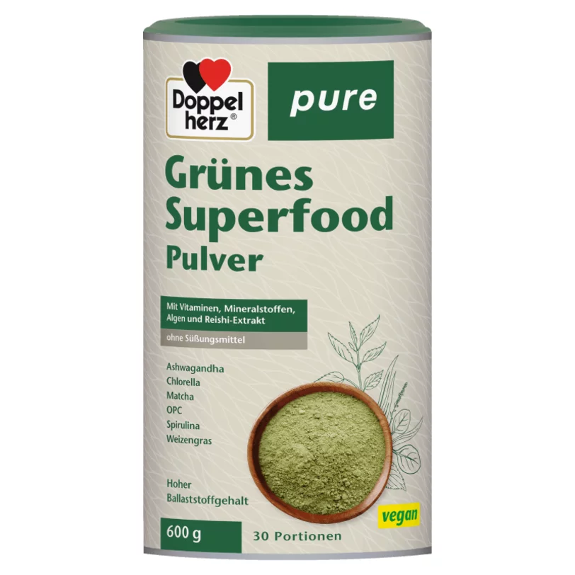 Doppelherz pure Superfood – Matcha + Algi Chlorella, Spirulina + witaminy i składniki mineralne Widok z przodu